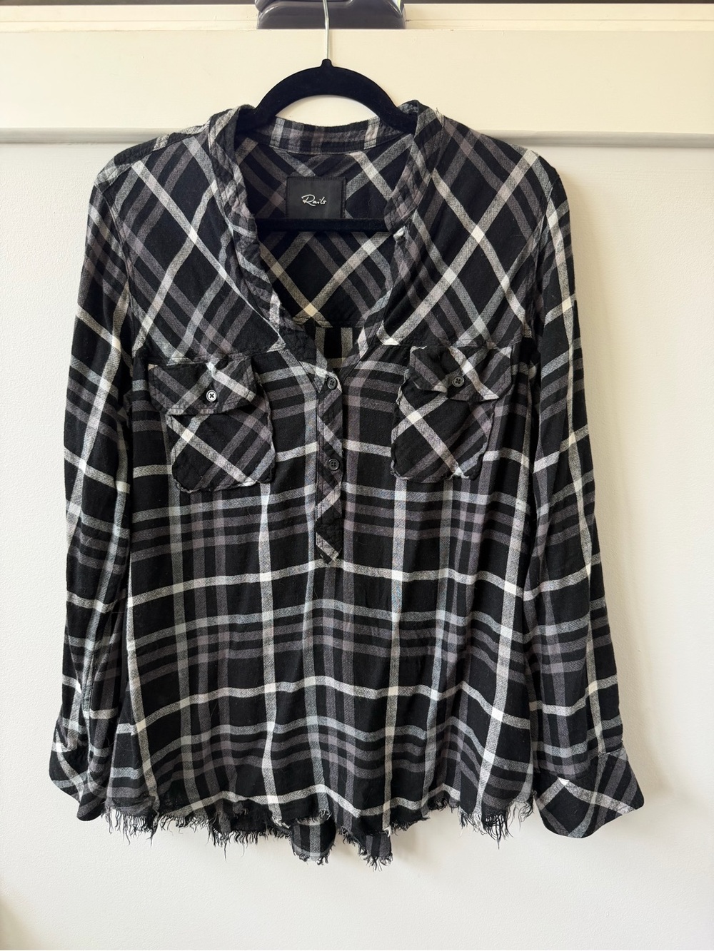 Rails Black and Gray Plaid Shirt with Frayed Hem